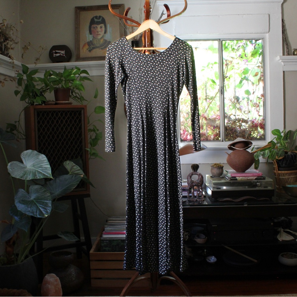 70s French Vintage A-Line Dress - Dark Navy or Black with White Floral Print, XS